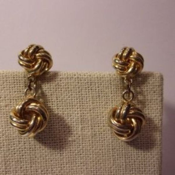 "Vtg Love Knot Gold Tone Dangle Clip Earrings " - Picture 3 of 3